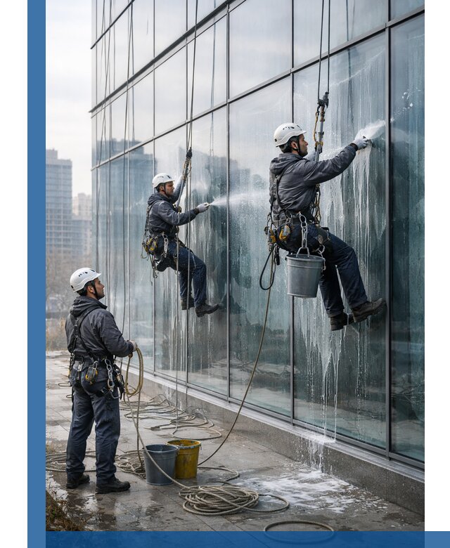 Промышленная мойка панорамных окон на высоте в Муре