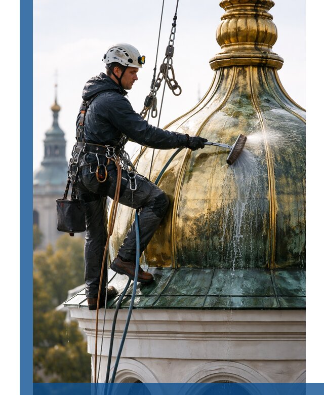 Профессиональная мойка куполов и шпилей высотными альпинистами в Муре