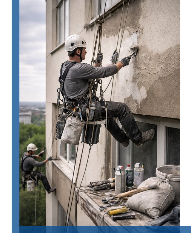 Косметический ремонт фасада зданий в Муре промышленными альпинистами
