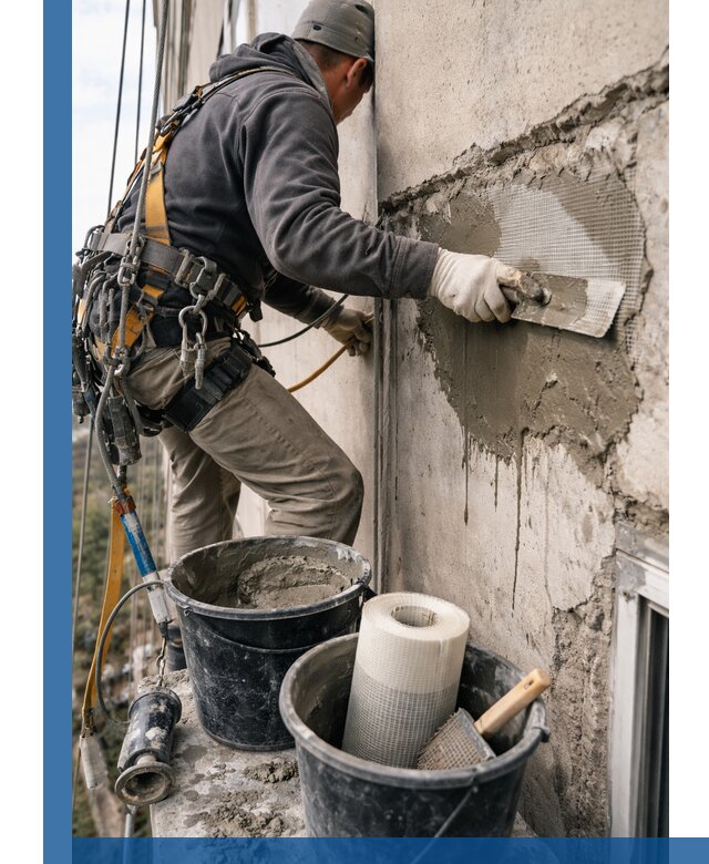 Ремонт бетонных элементов фасада промышленными альпинистами в Муре