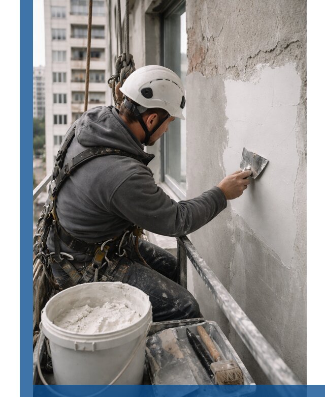 Шпаклевка фасадов на высоте с промальпинистами в Муре