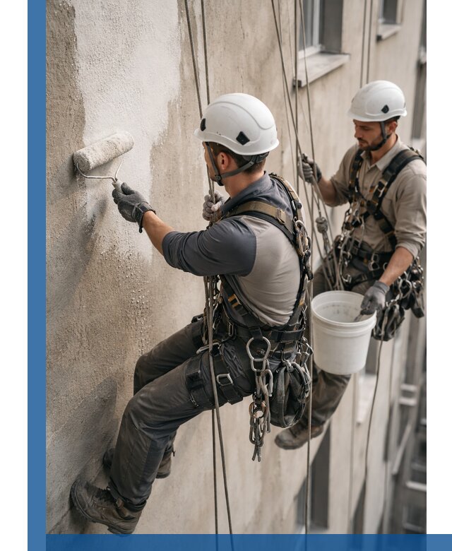 Грунтовка фасада на высоте в Муре промышленными альпинистами