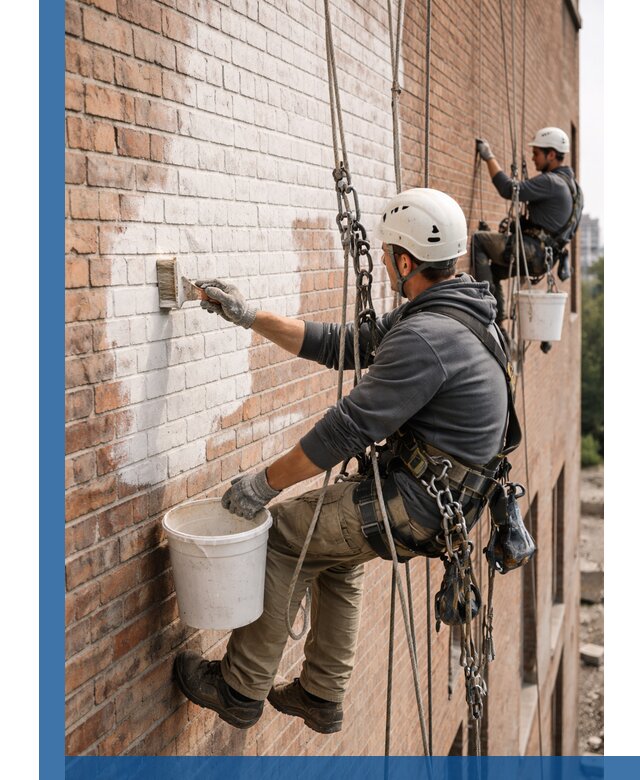 Покраска кирпичного фасада с доступным альпинистским сервисом в Муре