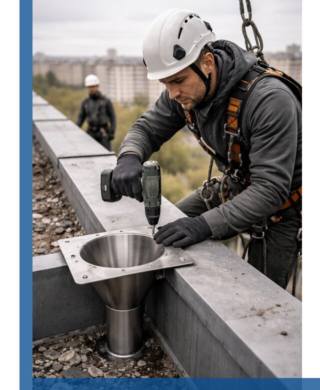 Монтаж водосточных воронок в Муре для промышленных зданий