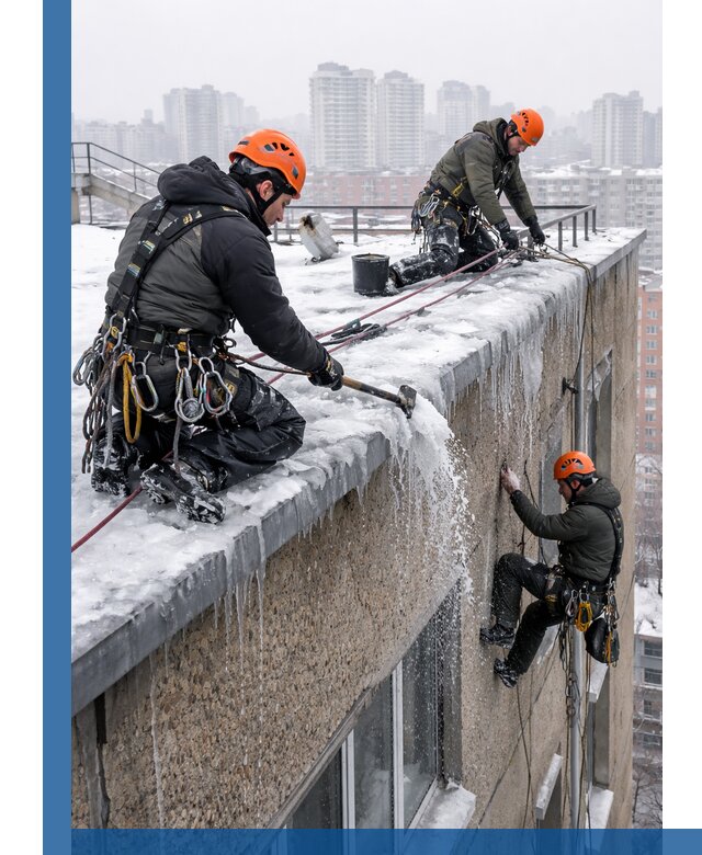 Удаление наледи с кровли в Муре промышленными альпинистами