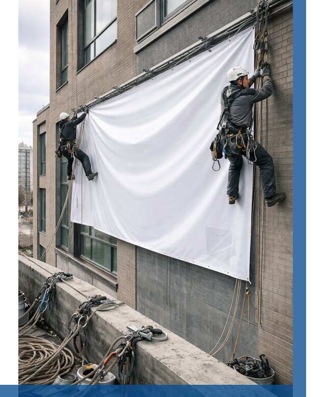 Монтаж баннеров на фасаде в Муре от 664 р. заказать ВЫСОТНИК-Мум