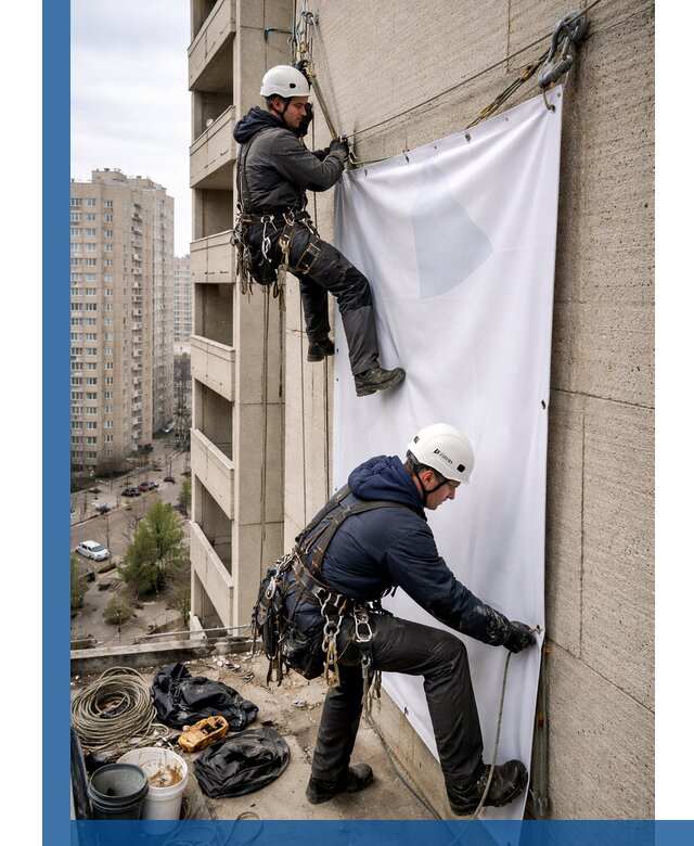 Профессиональный монтаж баннеров на фасаде в Муре