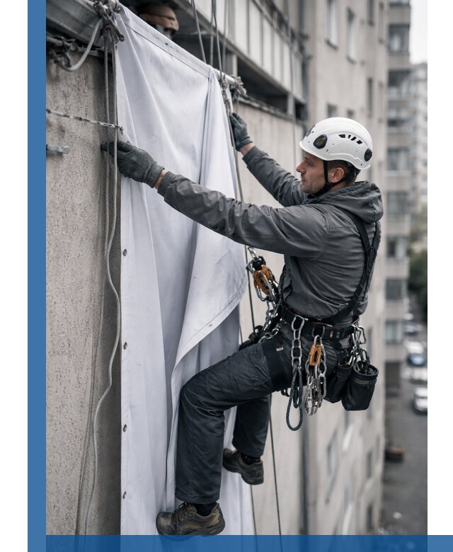 Замена баннерного полотна промышленными альпинистами в Муре
