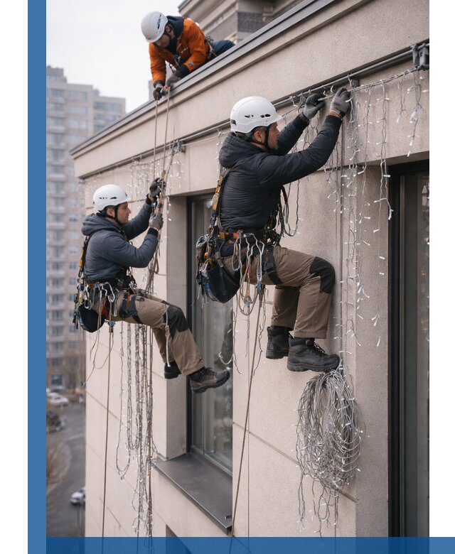 Монтаж праздничных гирлянд на фасаде в Муре для зданий