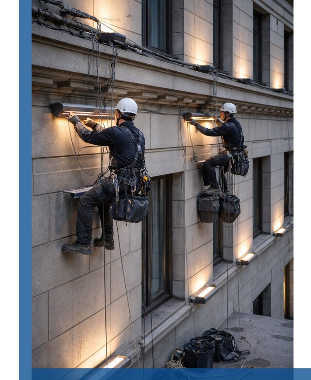 Монтаж архитектурной подсветки фасадов зданий в Муре