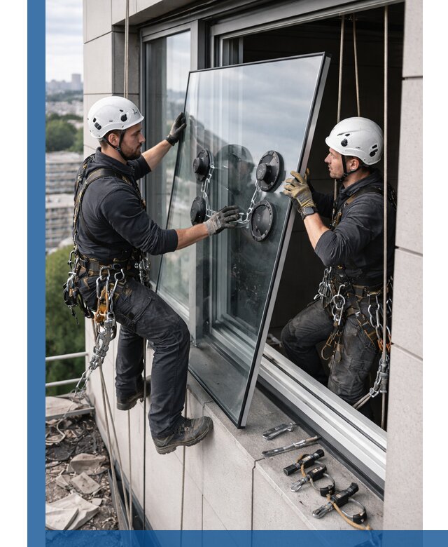 Замена стеклопакетов на высоте с промышленными альпинистами в Муре