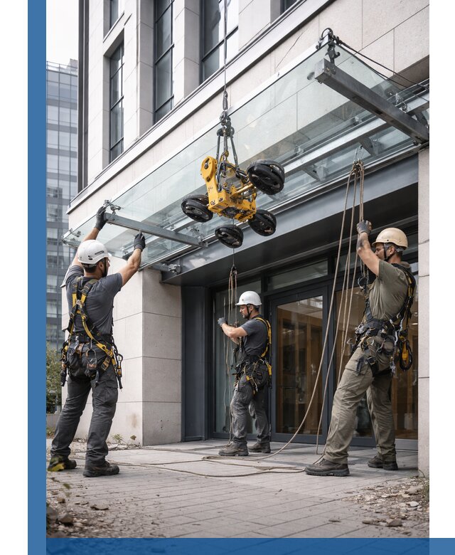 Монтаж стеклянных козырьков под ключ в Муре для зданий