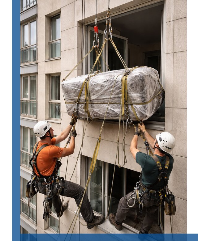 Подъем грузов через окно в Муре промышленными альпинистами